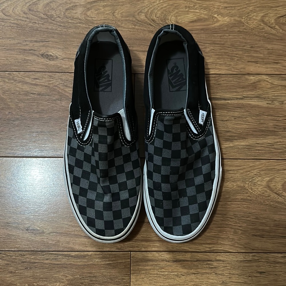 Grey and black Checkered Vans